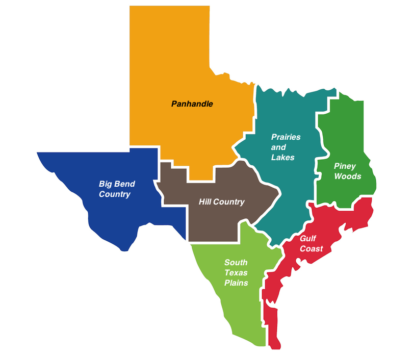 Map of Texas divided into geographic regions